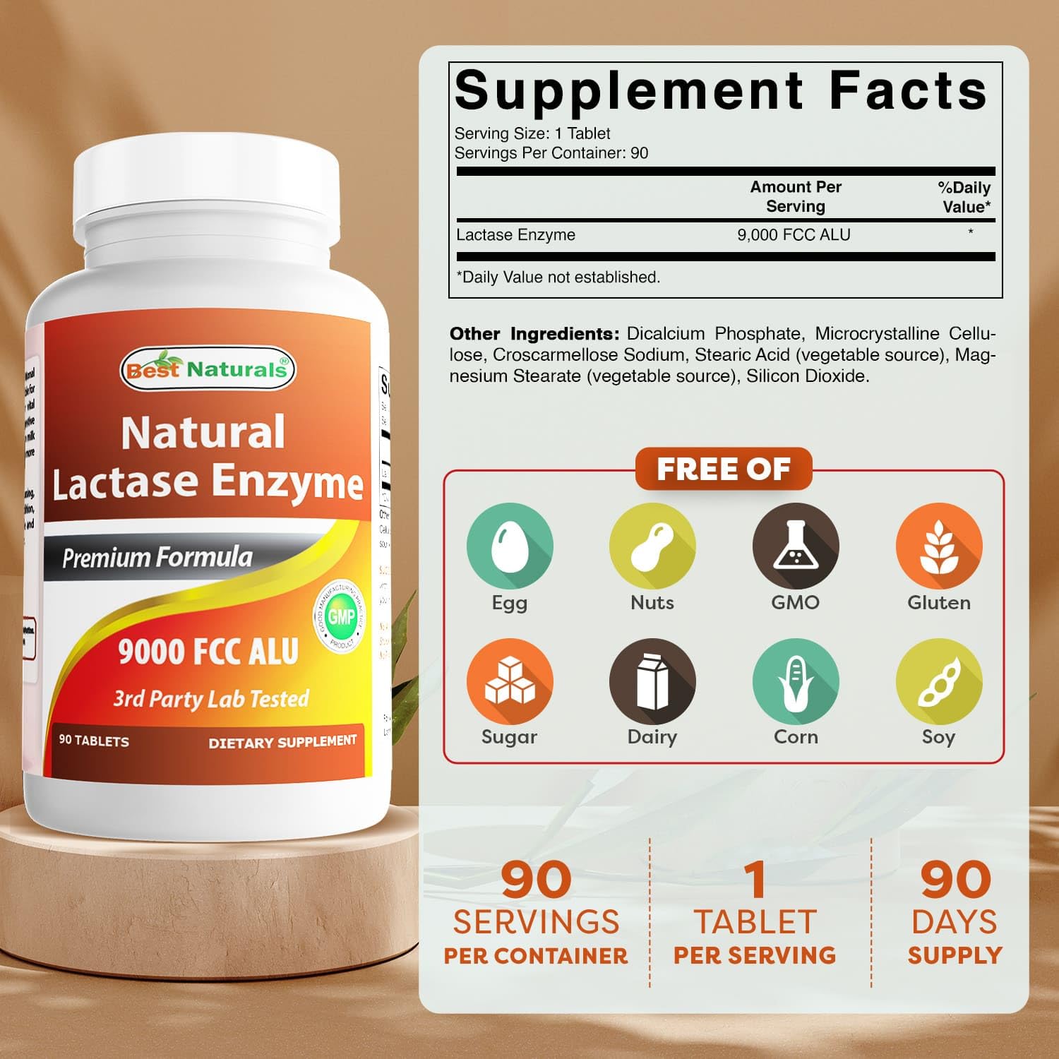 Best Naturals Natural Lactase Enzyme 9000 FCC ALU supplement facts panel showing ingredient details.