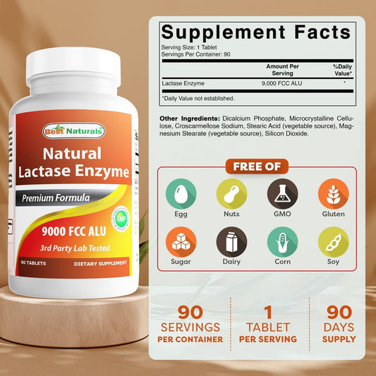 Best Naturals Natural Lactase Enzyme 9000 FCC ALU supplement facts panel showing ingredient details.
