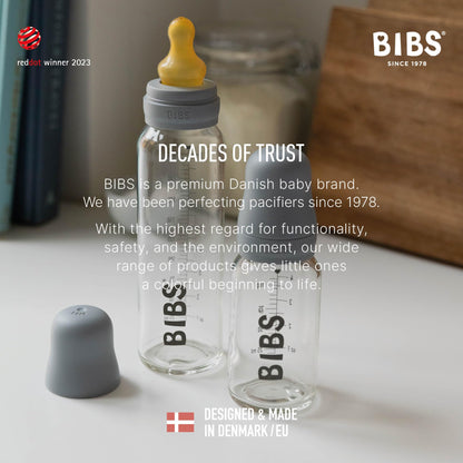 Side profile of Bibs 110ml borosilicate glass baby bottle