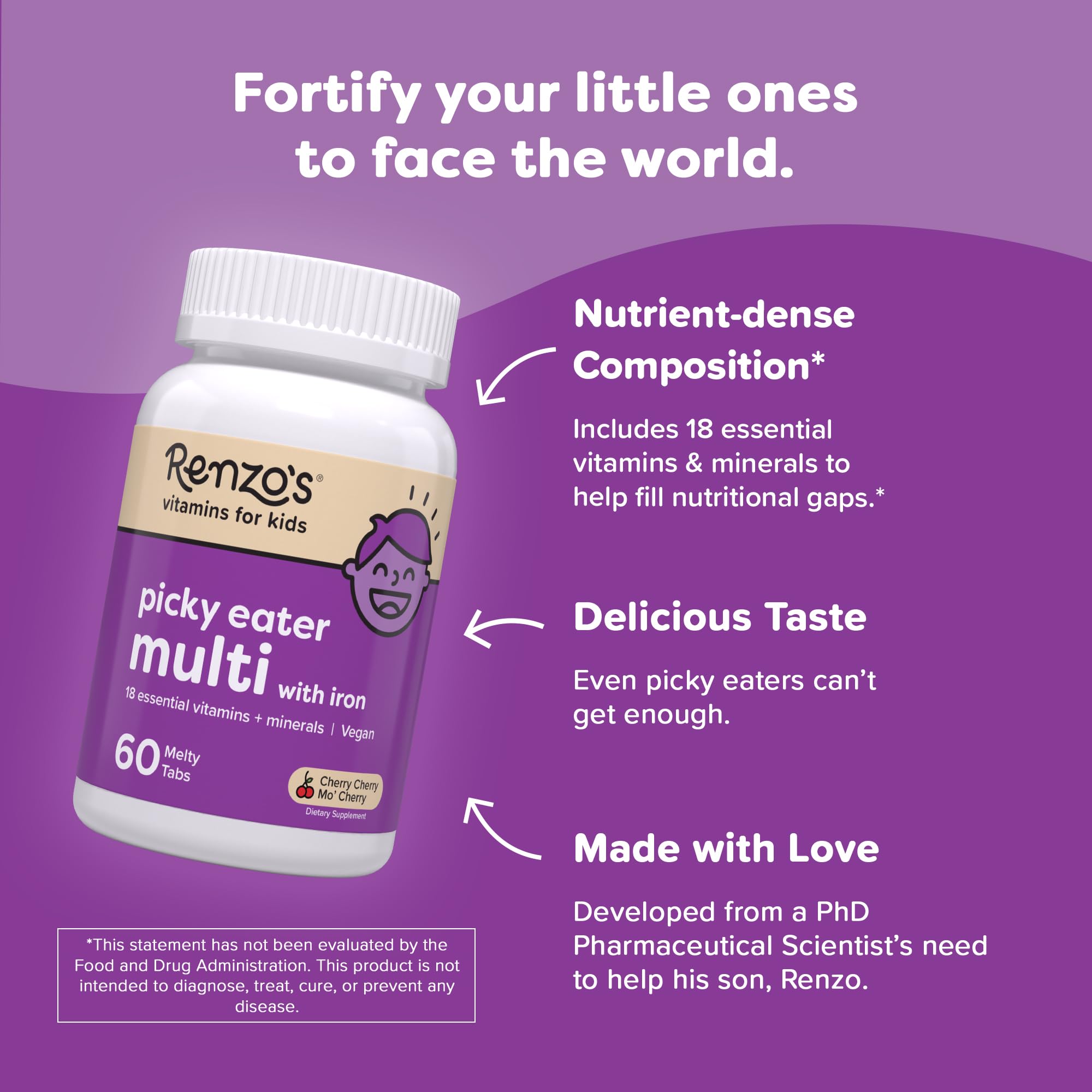 Renzo's cherry flavor melty tablets close up view showing fast dissolving kid friendly texture