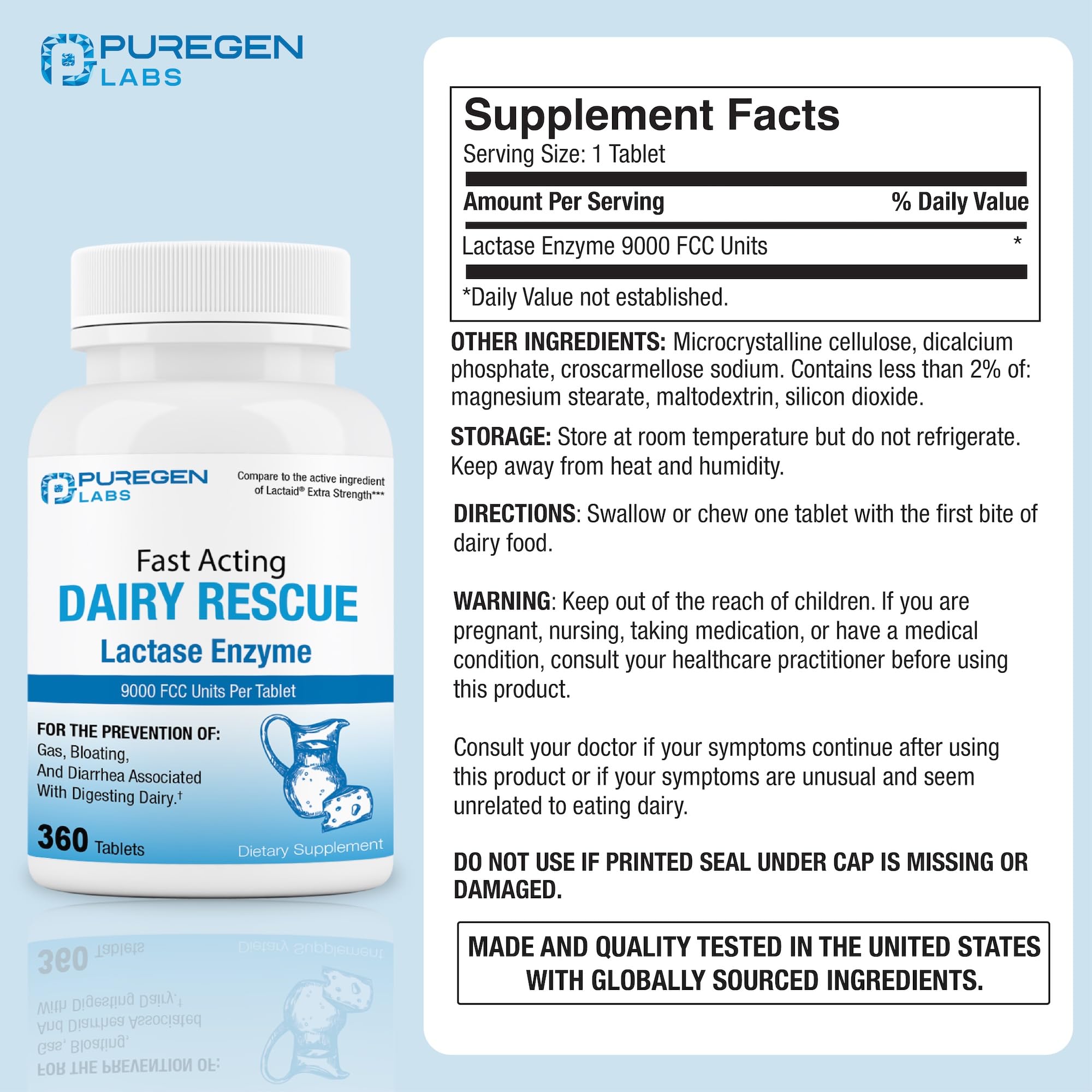 Puregen Labs Fast Acting Lactase Enzyme 9000 FCC supplement facts panel view