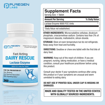 Puregen Labs Fast Acting Lactase Enzyme 9000 FCC supplement facts panel view