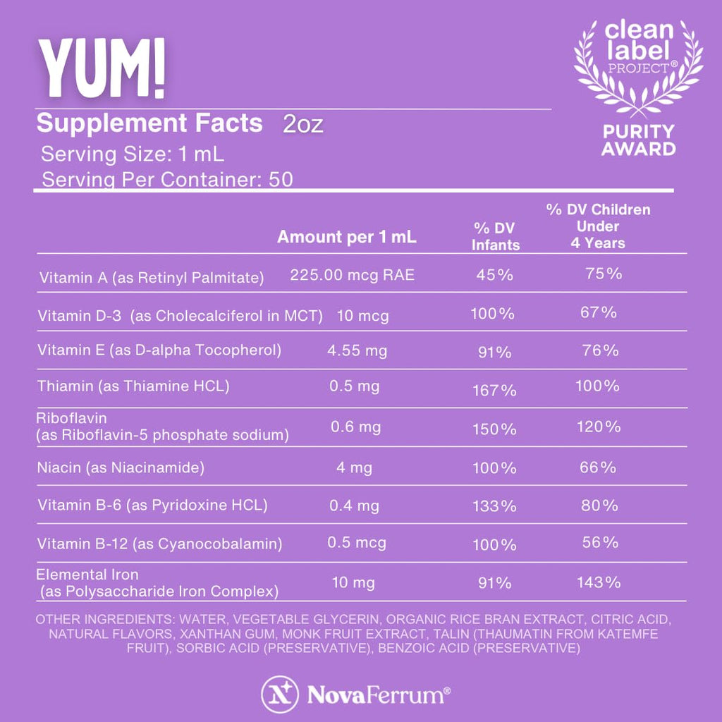 NovaFerrum Yum infant multivitamin dropper and liquid bottle