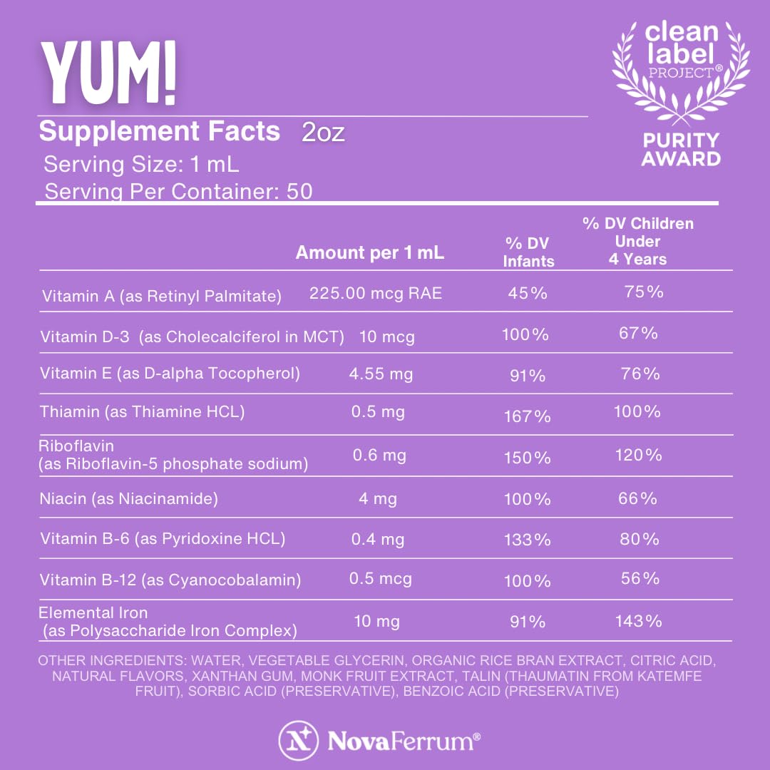 NovaFerrum Yum dietary supplement nutritional facts label showing vitamin and elemental iron percentages