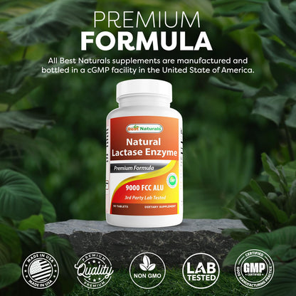 Best Naturals USA imported lactase enzyme tablets for effective dairy digestion support.