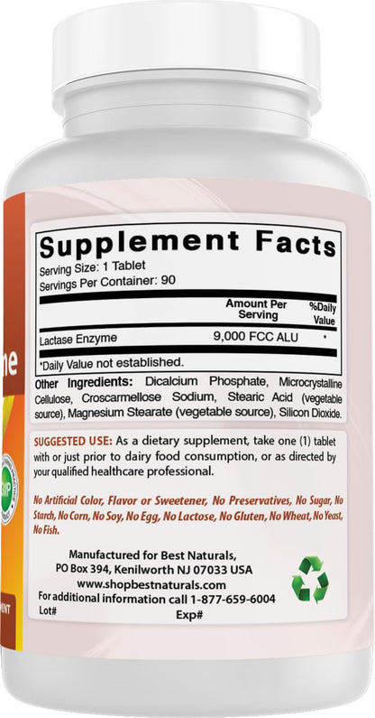 Close up of Best Naturals lactase enzyme dietary supplement packaging for premium digestive health.