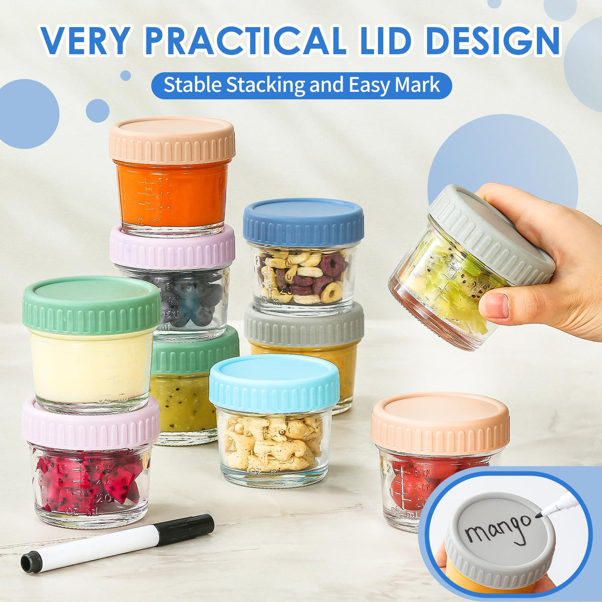 Set of 6 reusable glass jars for baby puree
