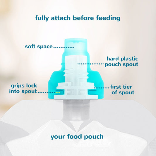 Baby using ChooMee SoftSip pouch top for independent feeding