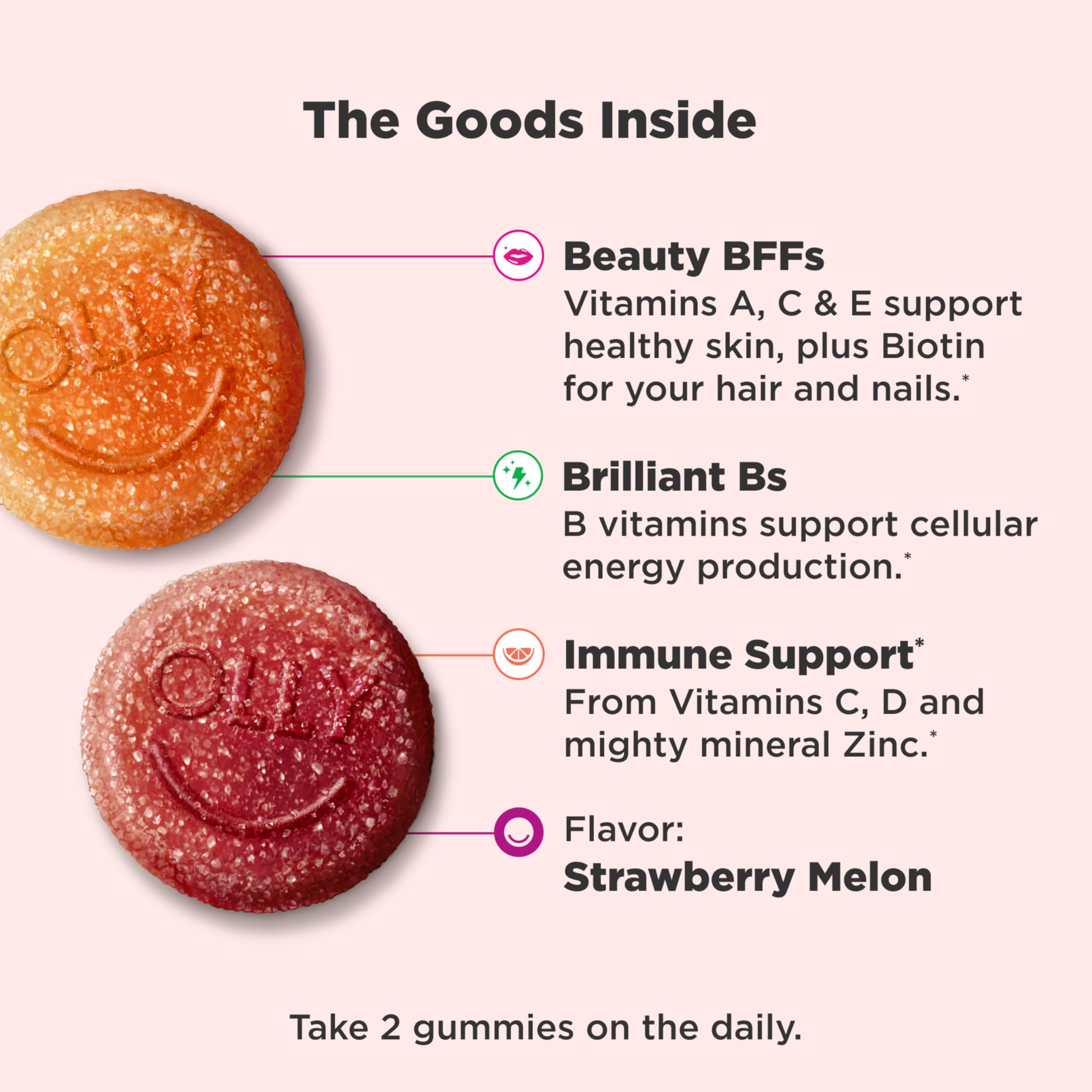 OLLY brand multivitamin gummies for teenagers showcasing the plant based gluten free ingredients on the back packaging.