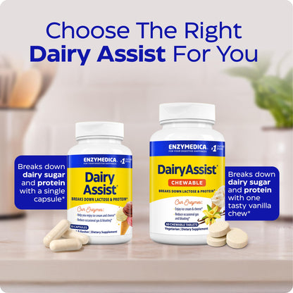 Enzymedica Dairy Assist premium imported digestive enzyme supplement for gas and bloating relief