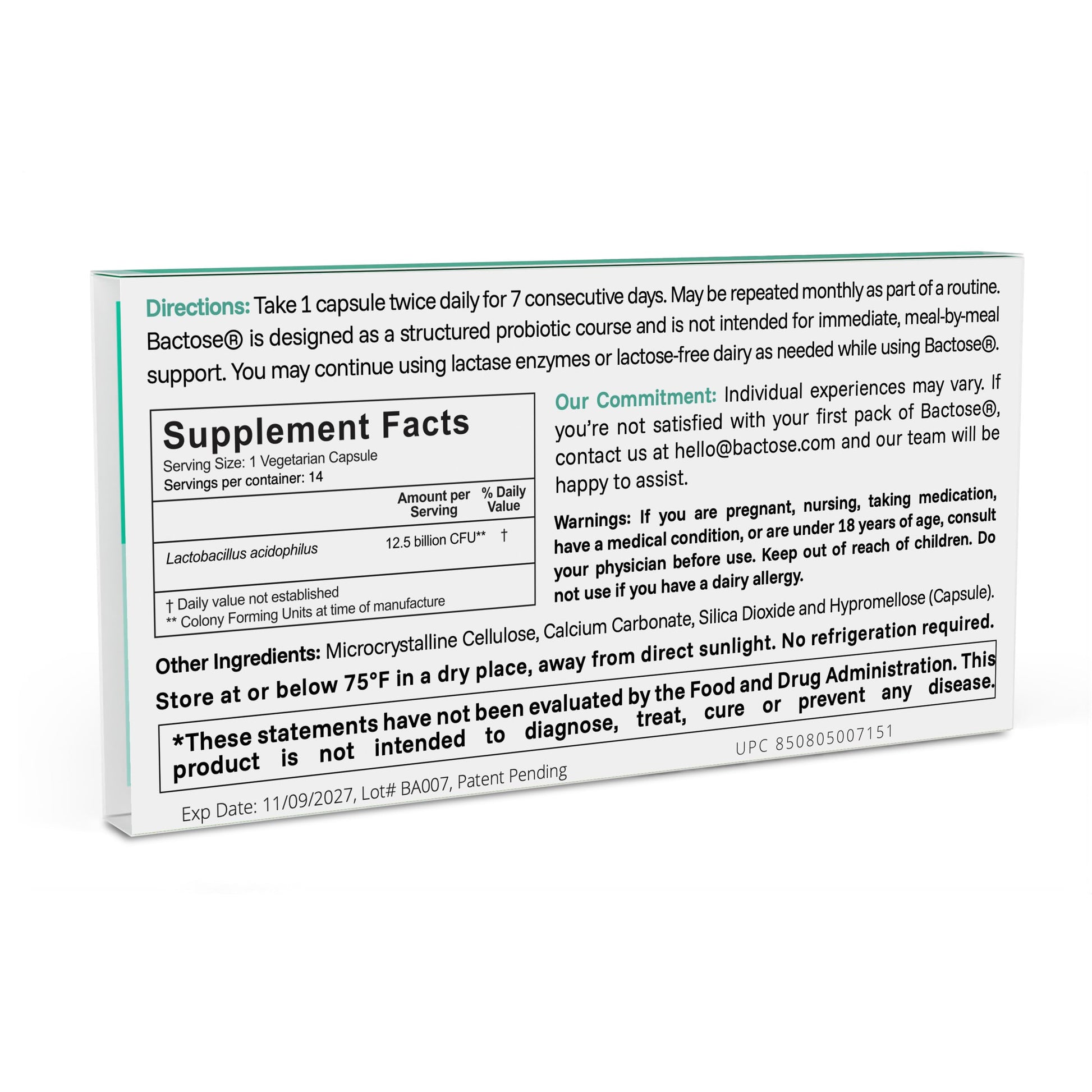 BACTOSE lactose digestion support blister pack showing fourteen vegetarian capsules