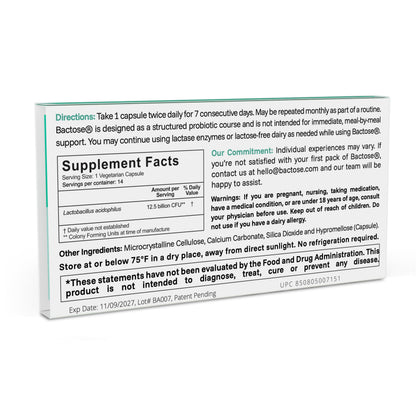 BACTOSE lactose digestion support blister pack showing fourteen vegetarian capsules