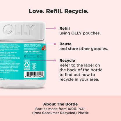 Top angle view of the purple container lid with safety seal on the OLLY daily wellness supplement.
