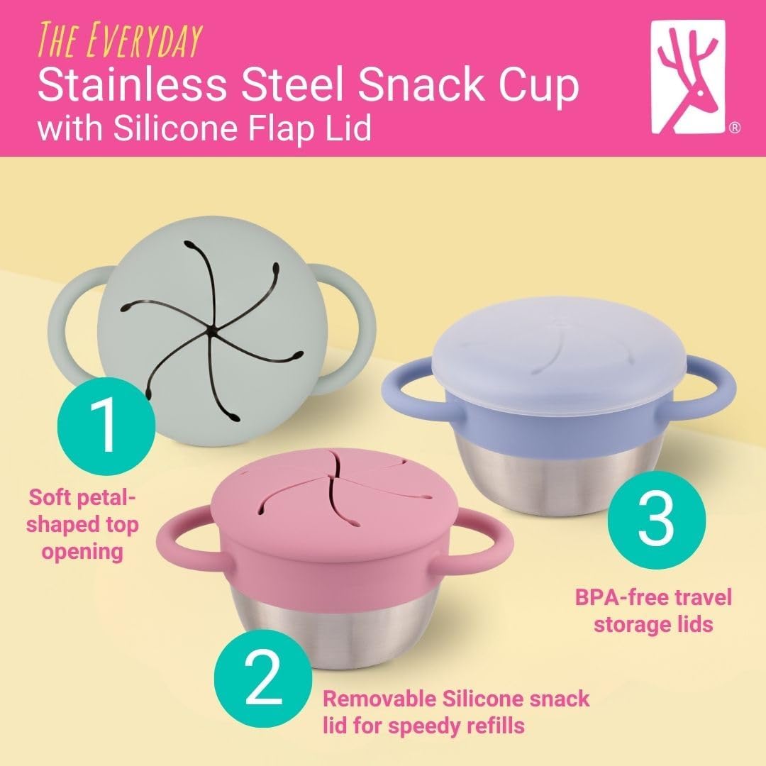 Side view of Elk and Friends snack cup with silicone petal lid