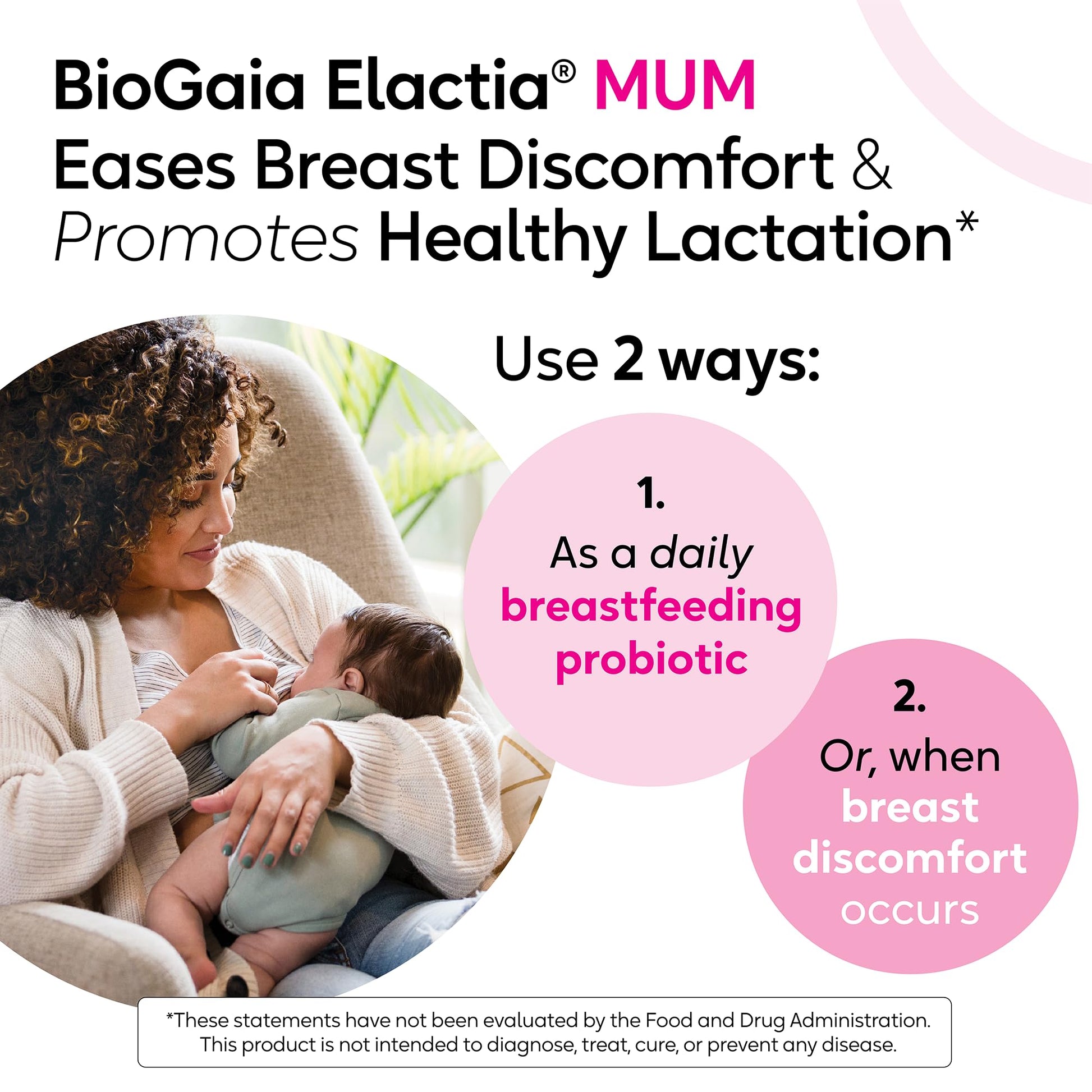 White and pink box of BioGaia Mum probiotic supplement 30 capsules for lactation health.