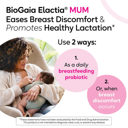 White and pink box of BioGaia Mum probiotic supplement 30 capsules for lactation health.