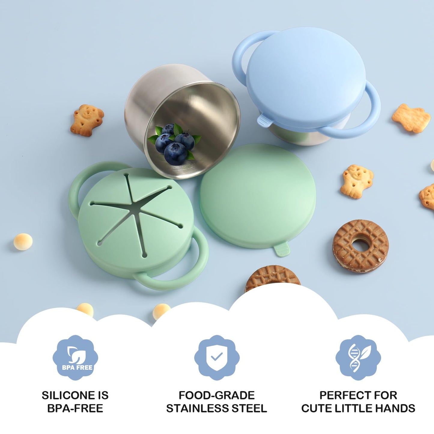 Daximo 2 pack snack cups blue purple and green