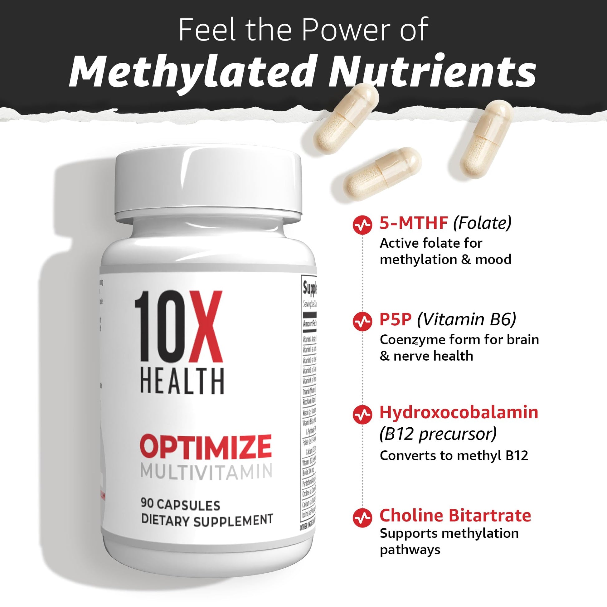 Angled view of the premium ninety capsules bottle showing the clean design and health benefit declarations.