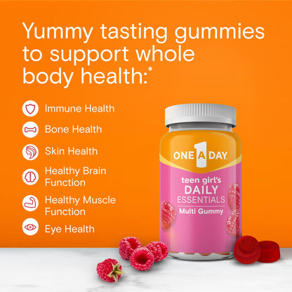 One A Day Teen Girl Daily Essentials multivitamin nutritional facts label on back of bottle