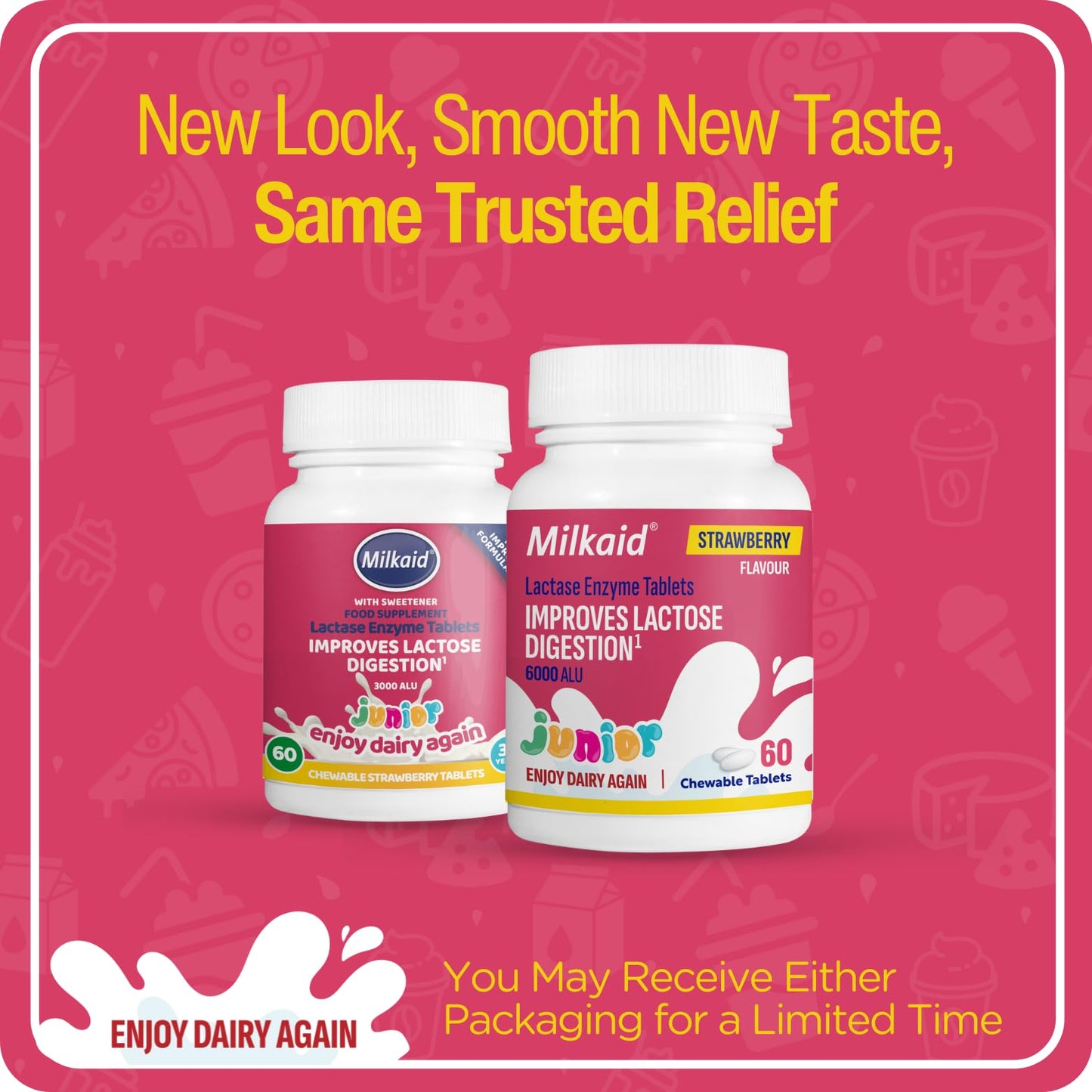 Milkaid Junior fast acting lactase enzyme strawberry flavor chewable pills texture display