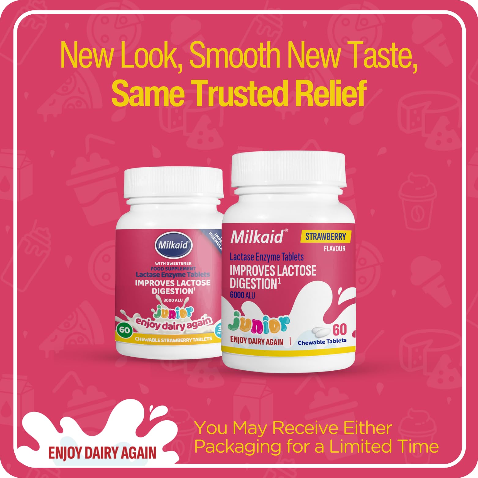 Milkaid Junior fast acting lactase enzyme strawberry flavor chewable pills texture display