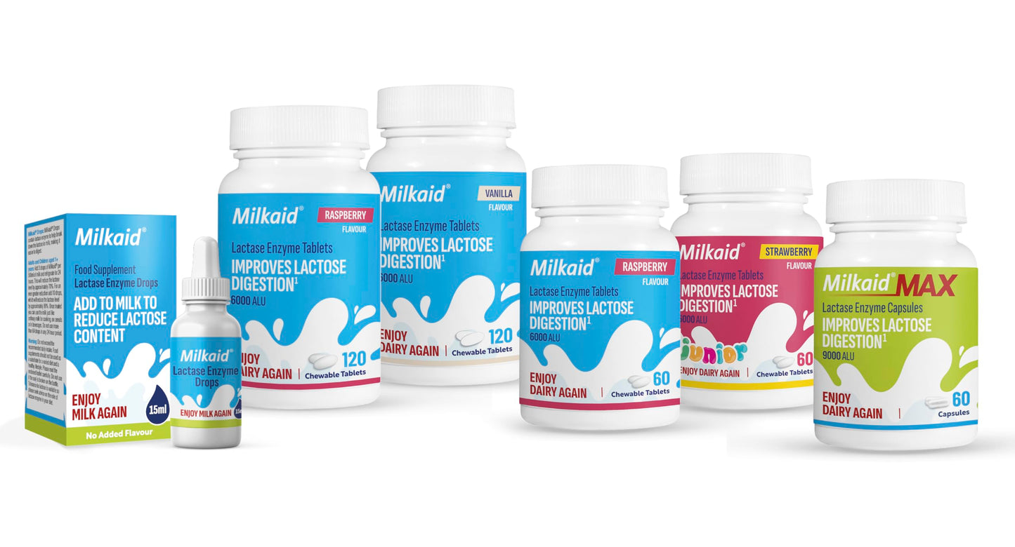 Milkaid Junior pediatric lactose intolerance digestive health supplement product dimensions layout