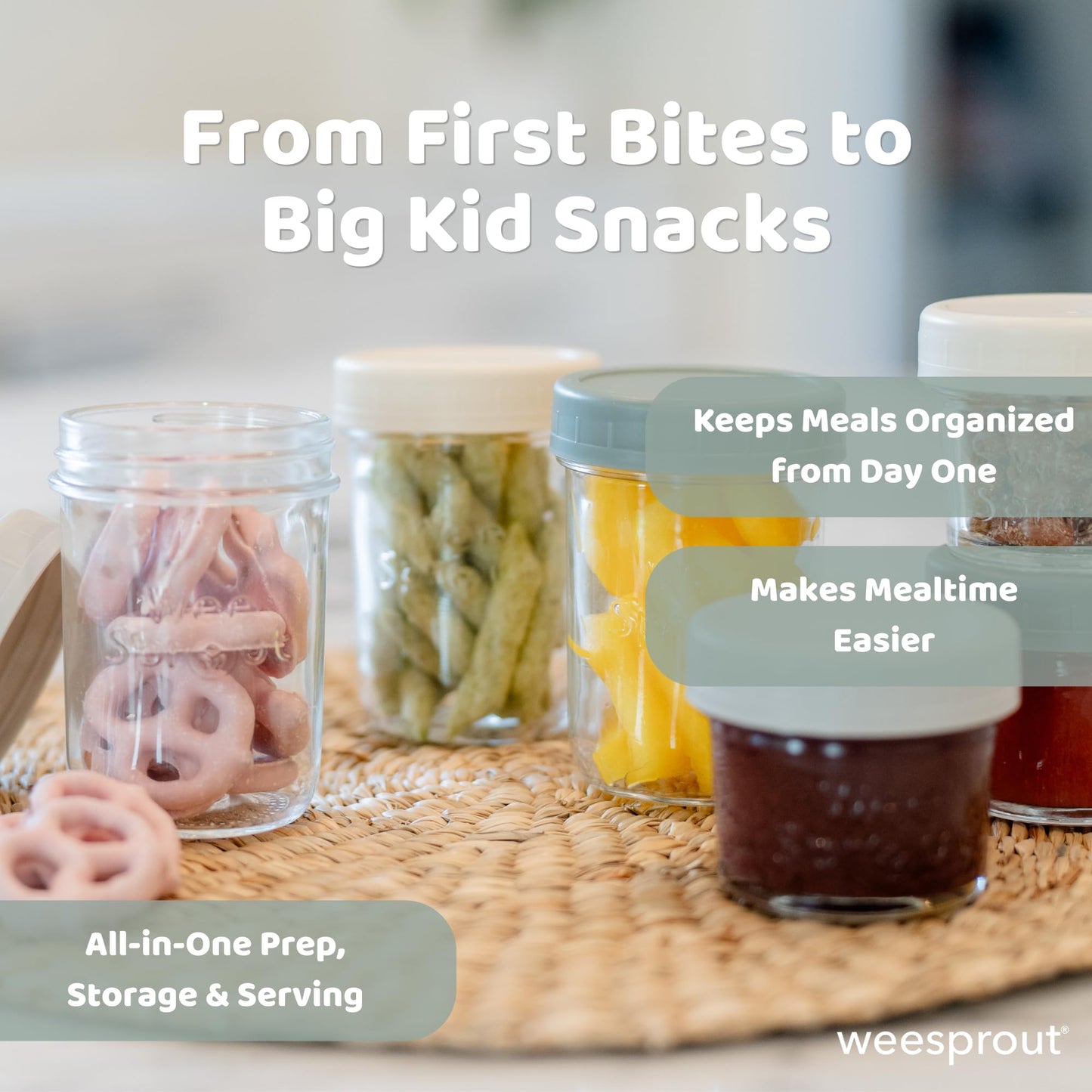 WeeSprout baby food jars arranged for refrigerator storage