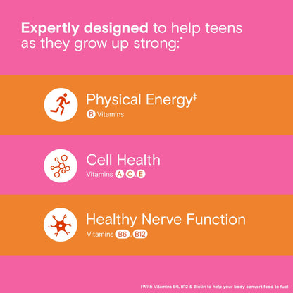 One A Day Teen Girl 120 gummies packaging showing immune health and physical energy icons