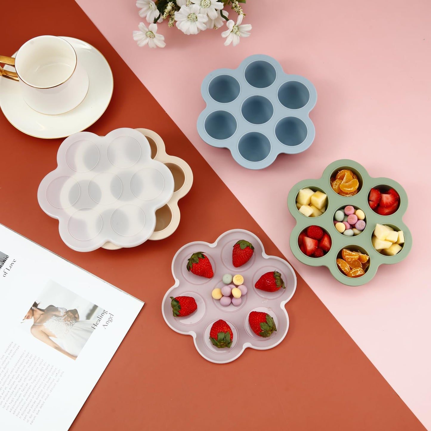 Close up of PandaEar baby food tray with one ounce individual pod