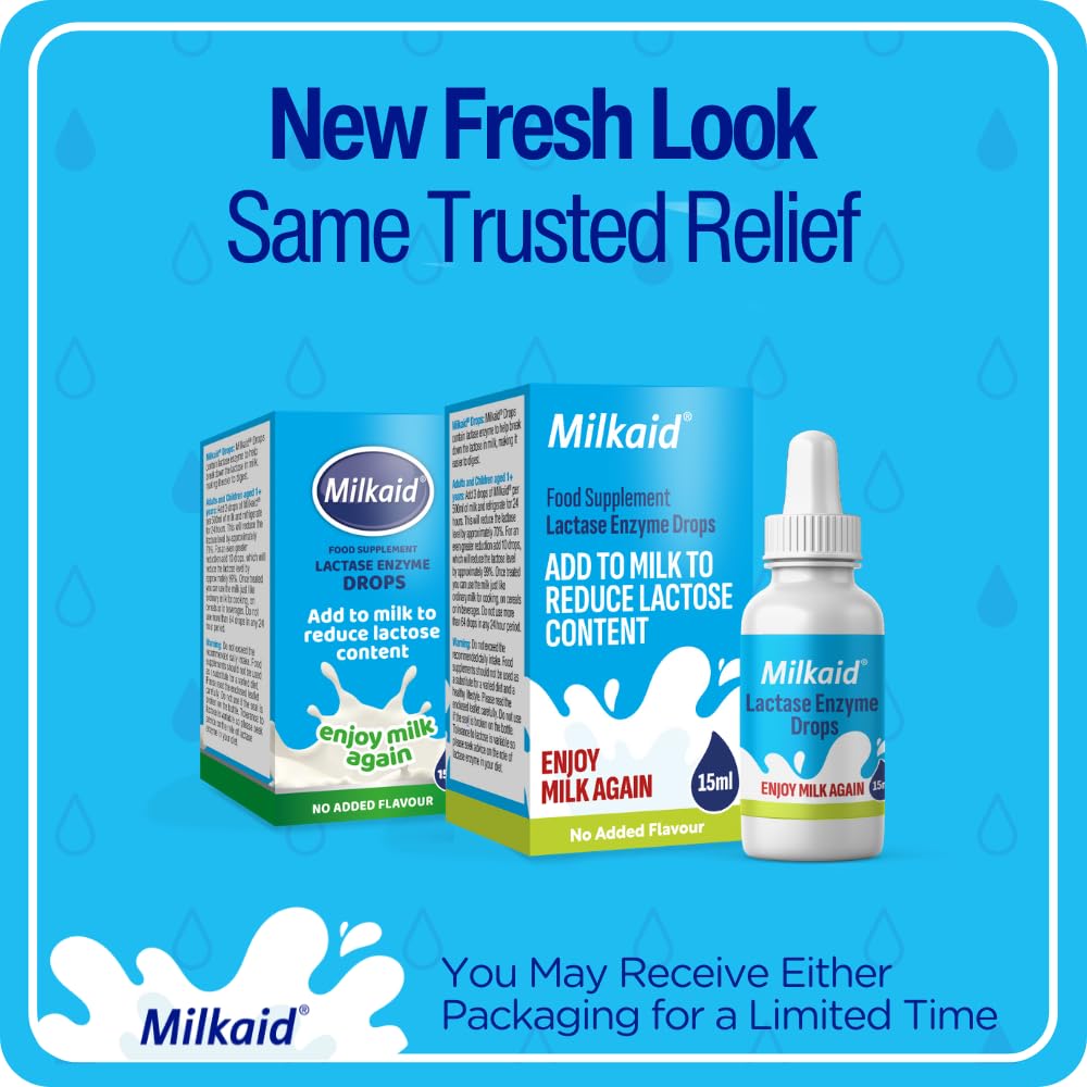 Milkaid liquid digestive supplement packaging highlighting gluten free and vegetarian features