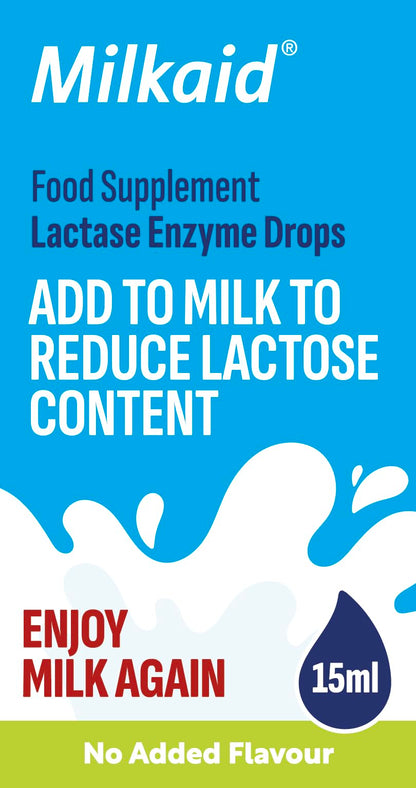 Back label of Milkaid drops showing instructions for lactose reduction in dairy