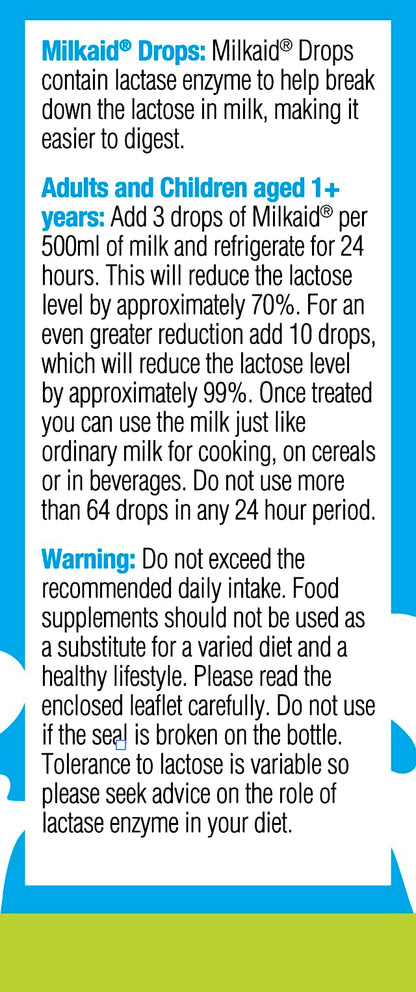 Milkaid enzyme drops bottle showcasing the liquid dropper tip application