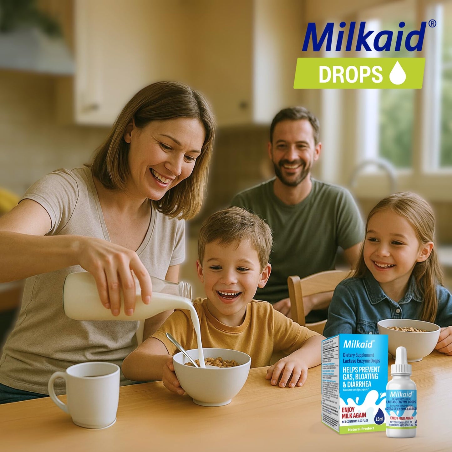 Close up view of the Milkaid brand dairy digestive helper for adults and families