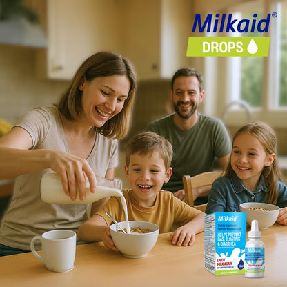 Close up view of the Milkaid brand dairy digestive helper for adults and families