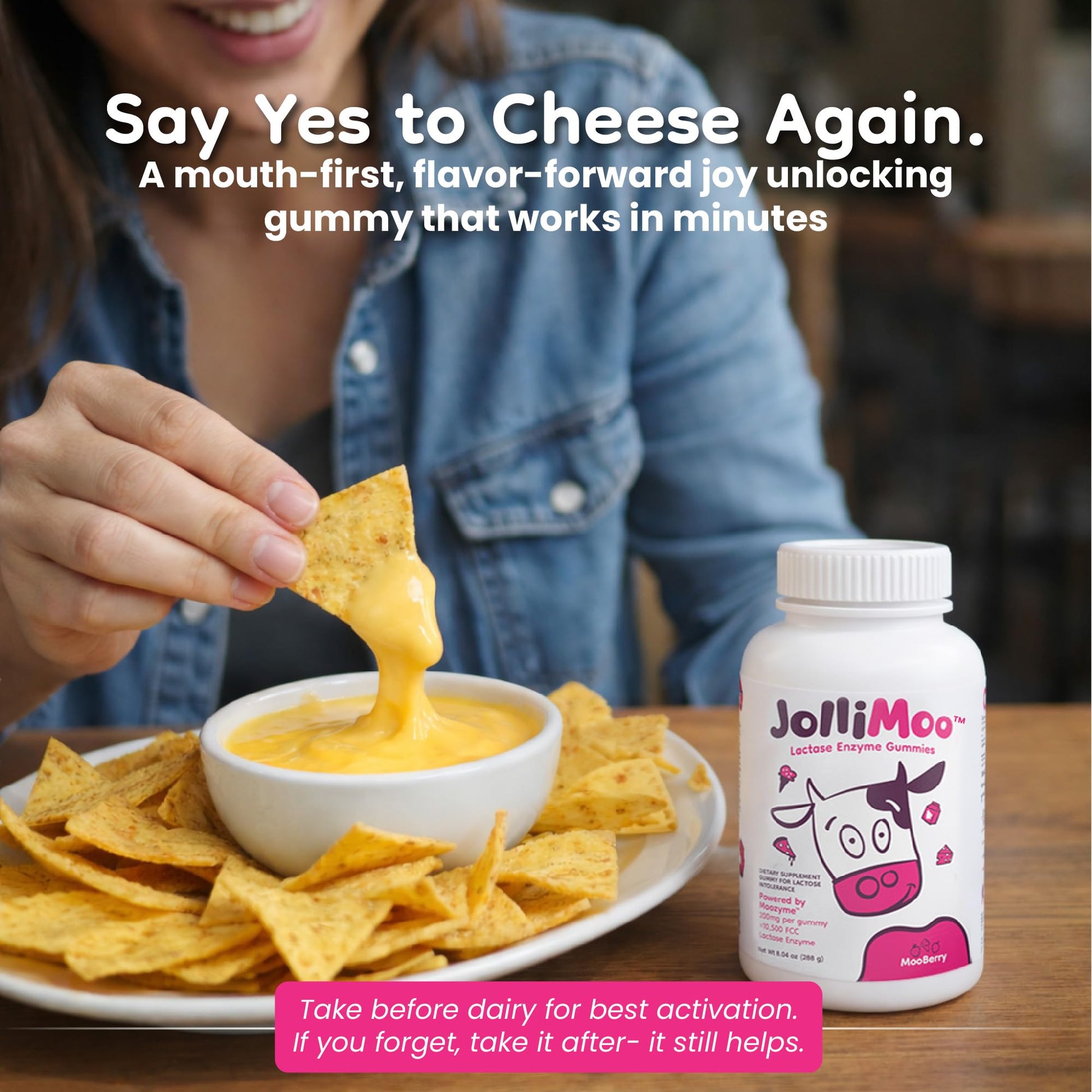 Close up look at JolliMoo fast acting chewable lactase enzyme gummies