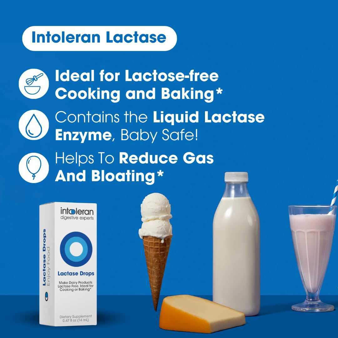 Side view of Intoleran digestive drops bottle detailing lactase enzyme strength facts