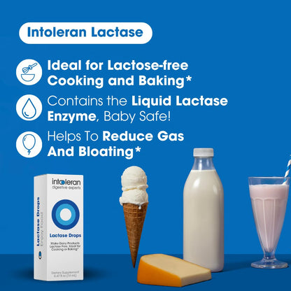 Side view of Intoleran digestive drops bottle detailing lactase enzyme strength facts