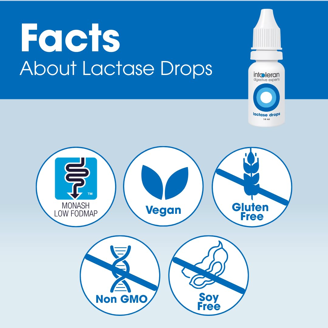 Intoleran lactase drops 14ml liquid dietary supplement bottle for home dairy treating