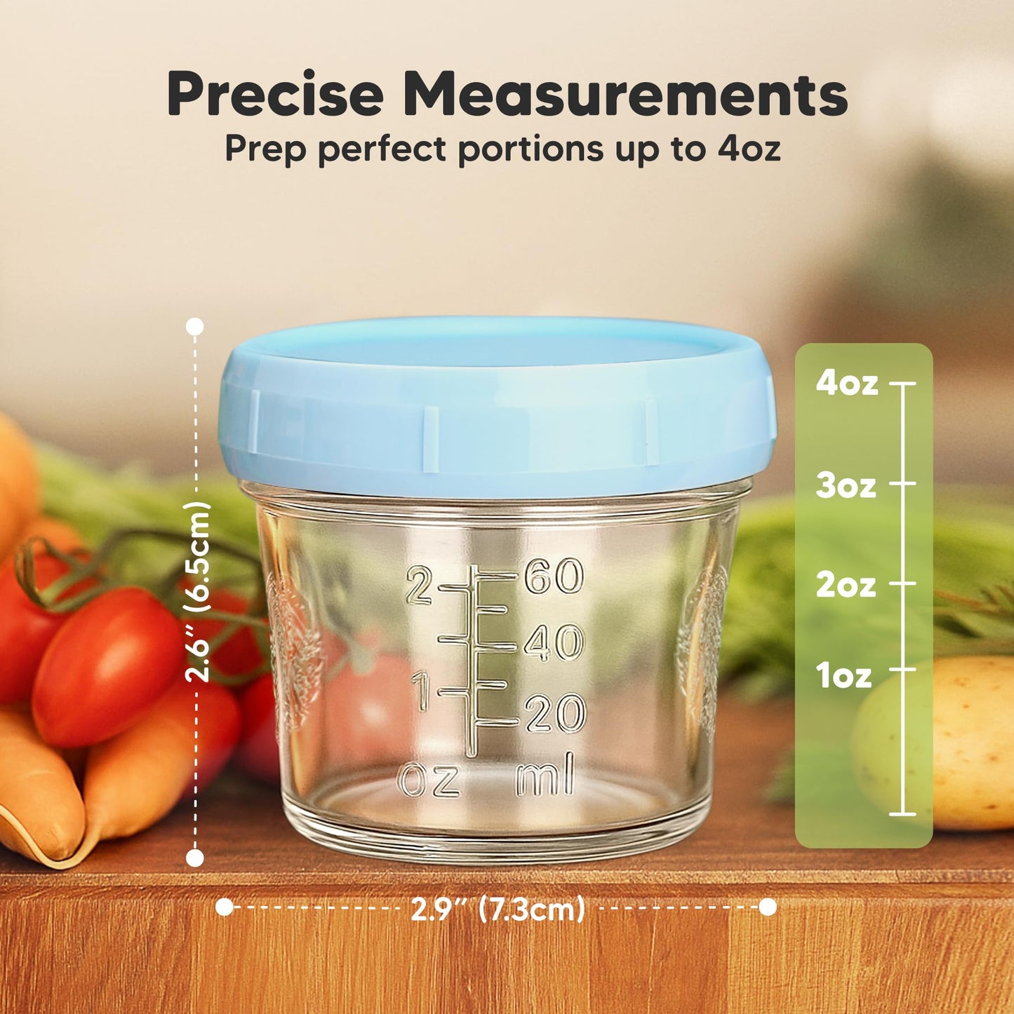 Side view of Keababies 4 fluid ounce glass baby food jar with measurement markings