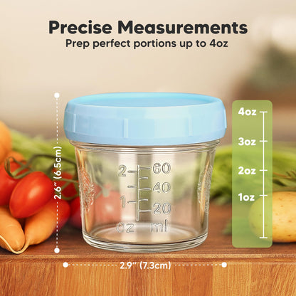 Side view of Keababies 4 fluid ounce glass baby food jar with measurement markings