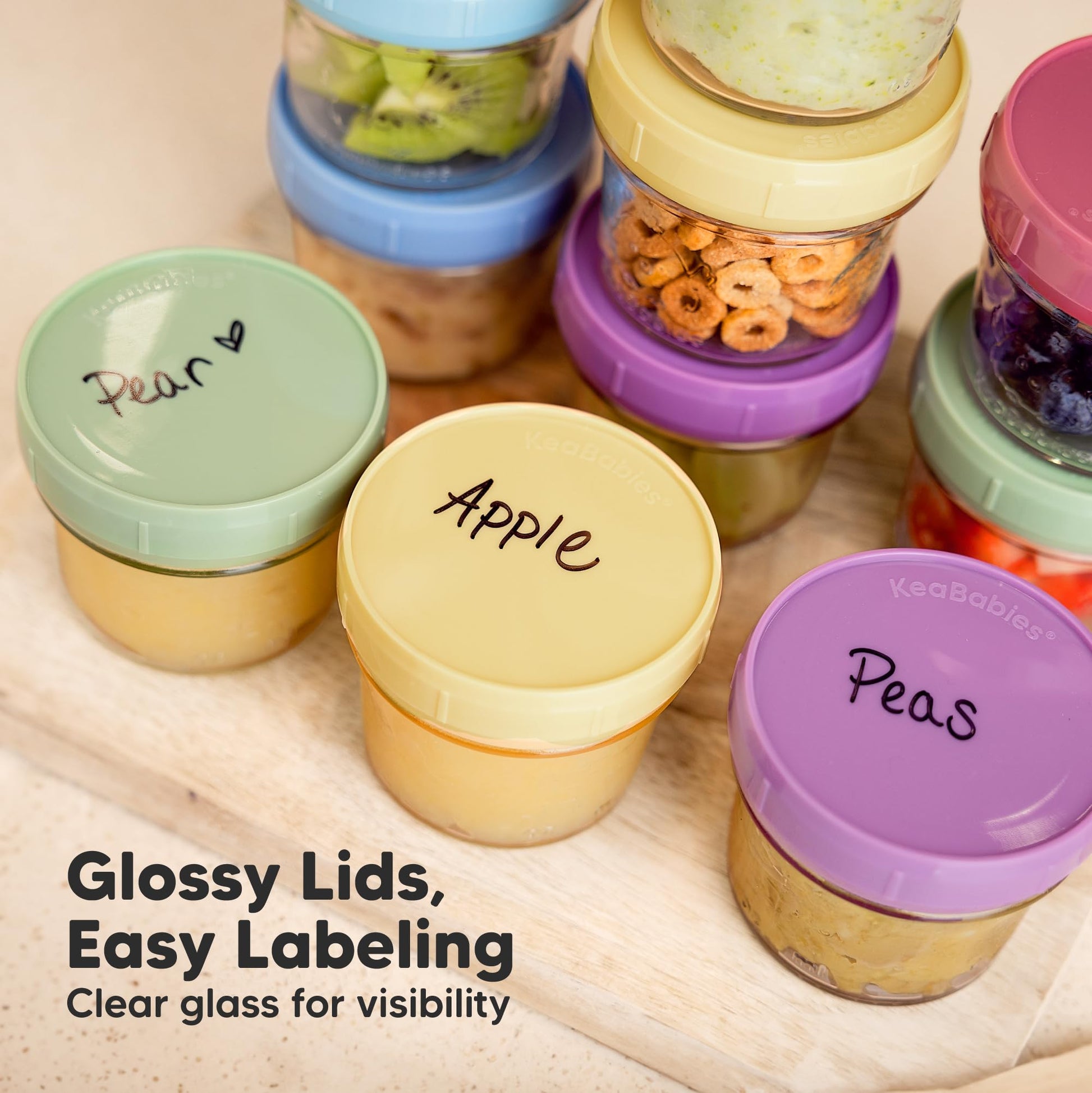 Keababies glass baby food jars inside a refrigerator