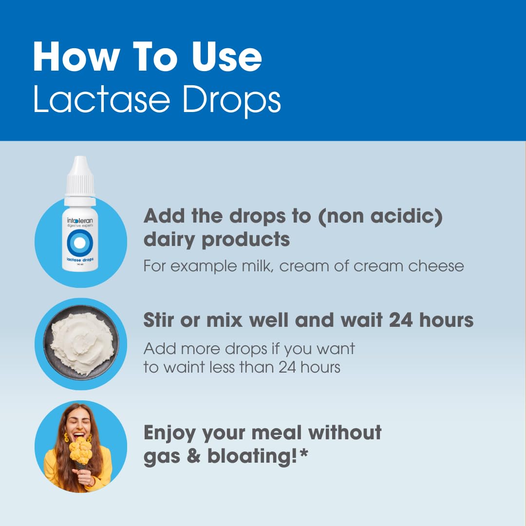 Imported Intoleran liquid lactase formula packaging design for lactose free milk prep
