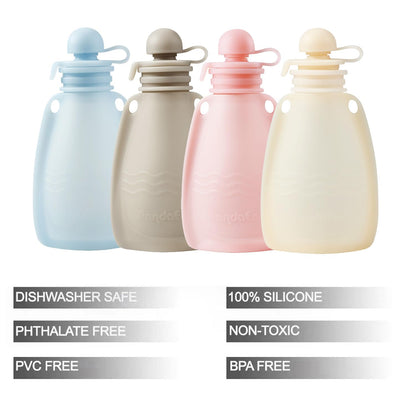 Four pack of colorful PandaEar squeeze pouches for toddlers