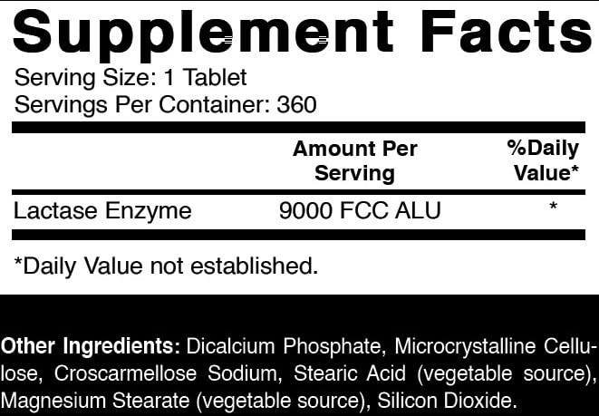 Oxify maximum strength lactase enzyme dietary supplement side panel showing product highlights.