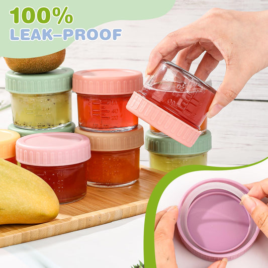 Set of 8 RowinsyDD glass baby food jars with colorful lids
