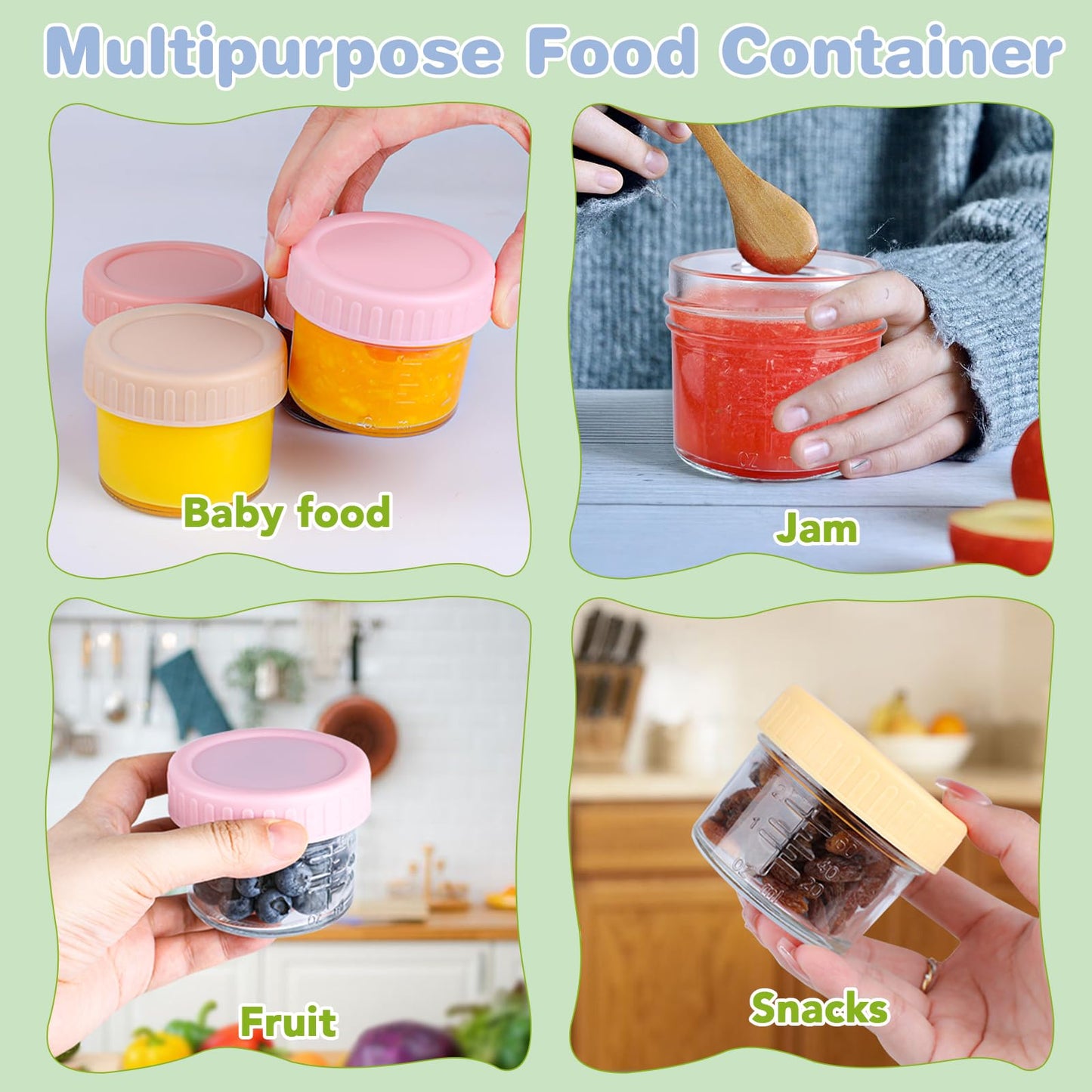 Top view of 8 piece glass food storage set for infants