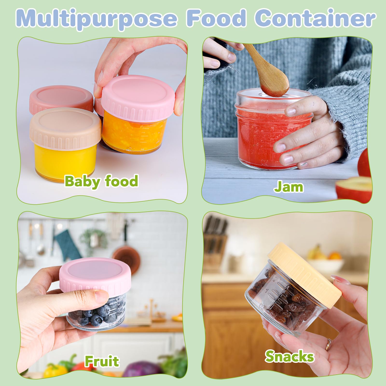 Top view of 8 piece glass food storage set for infants