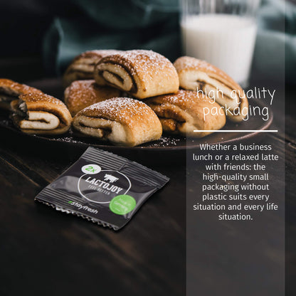 Rudra Retails imported LactoJoy Lactase Enzymes pack next to common dairy foods illustrating effective lactose breakdown support