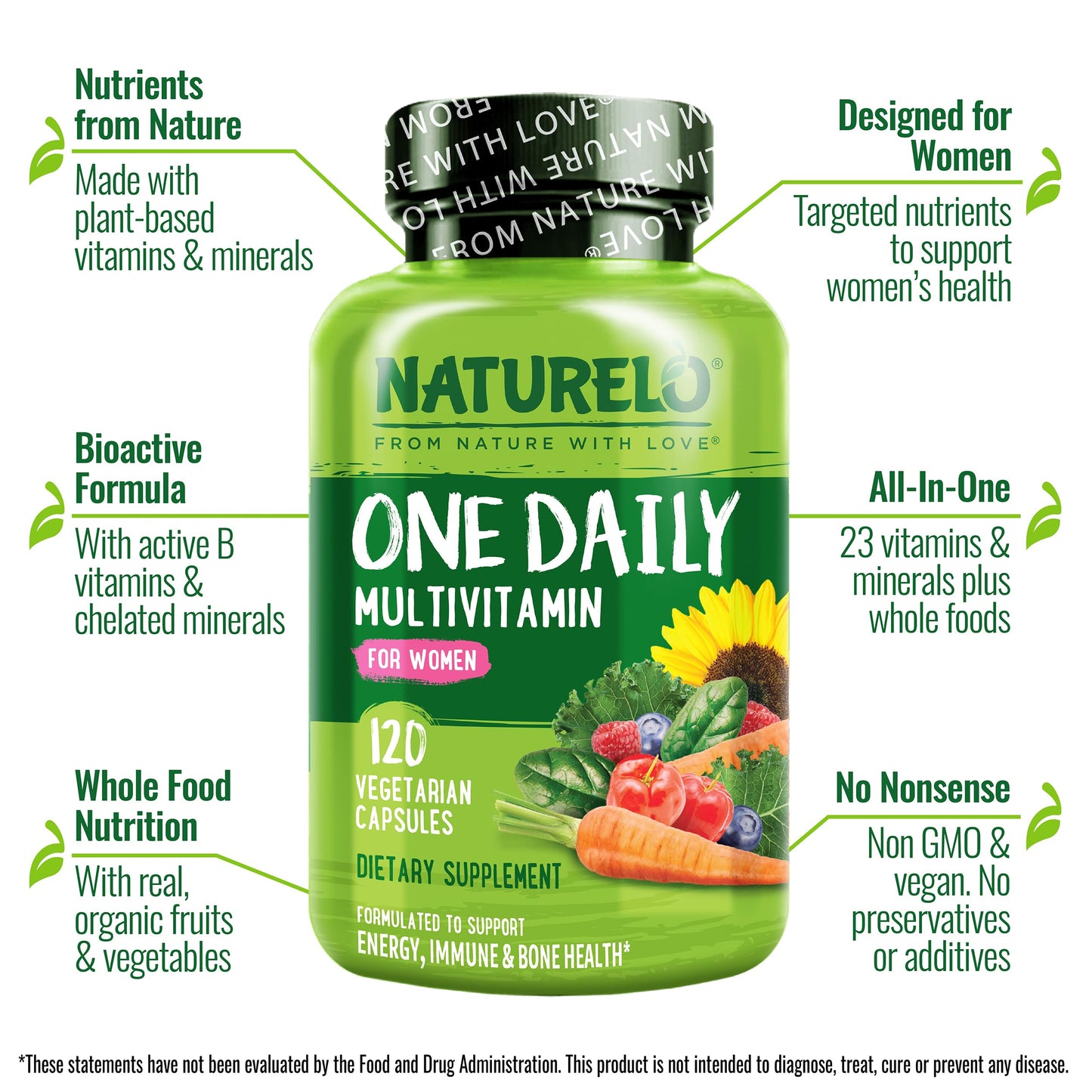 Side angle of NATURELO women's whole food multivitamin bottle illustrating clean ingredients list and certification badges.