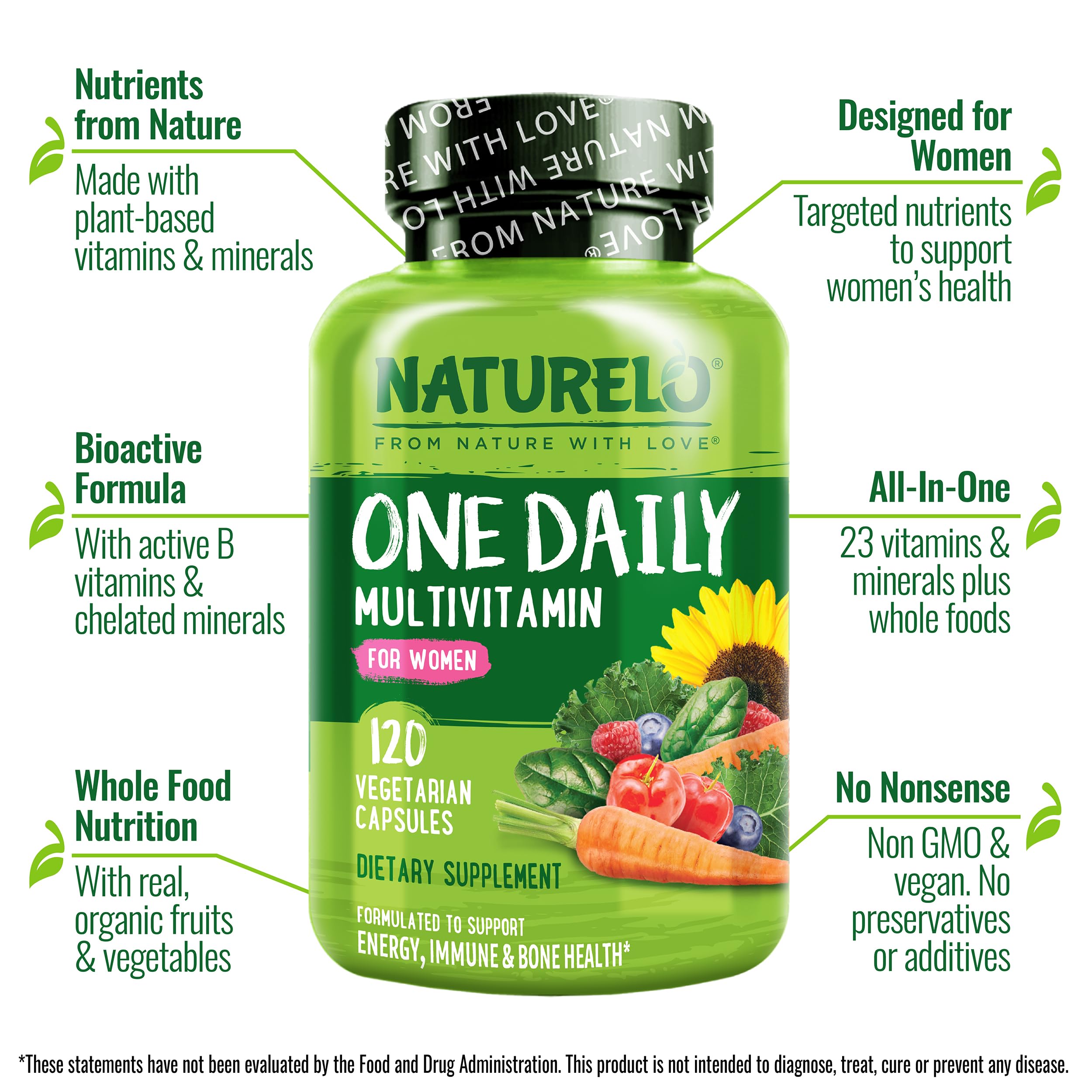 Side angle of NATURELO women's whole food multivitamin bottle illustrating clean ingredients list and certification badges.